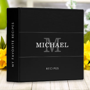 Elegant Black Silver Monogram Custom Name Text 3 Ring Binder