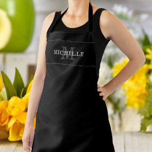 Elegant Black Silver Monogram Name Personalized Apron
