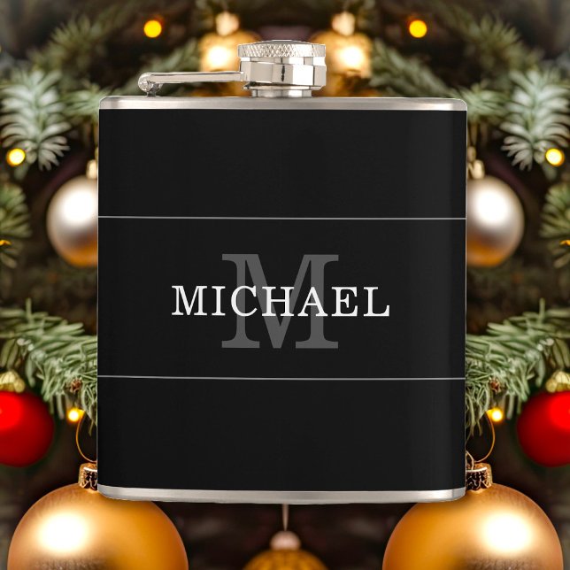 Elegant Black Silver Monogram Name Personalized Flask (Creator Uploaded)