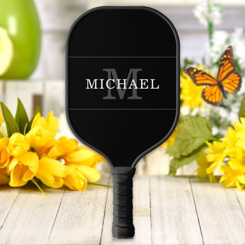 Elegant Black Silver Monogram Name Personalized Pickleball Paddle