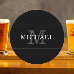 Elegant Black Silver Monogram Name Personalized Round Paper Coaster