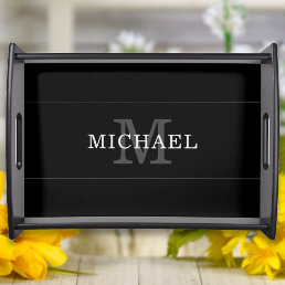 Elegant Black Silver Monogram Name Personalized Serving Tray