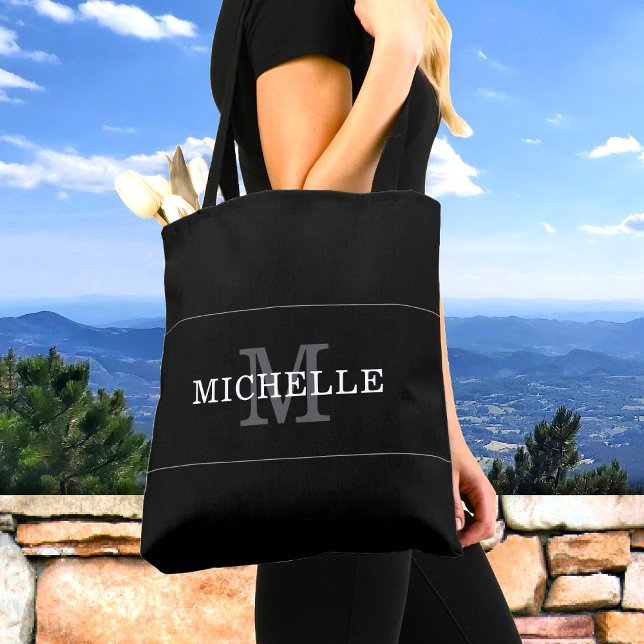 Elegant Black Silver Monogram Name Personalized Tote Bag (Creator Uploaded)