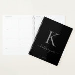 Elegant Black Silver Monogram Name Planner<br><div class="desc">Chic Elegant Silver Monogram Script on a chic Black Planner. Easy to customize with your own name and details. Perfect for your luxury lifestyle! Please contact us at cedarandstring@gmail.com if you need assistance with the design or matching products.</div>