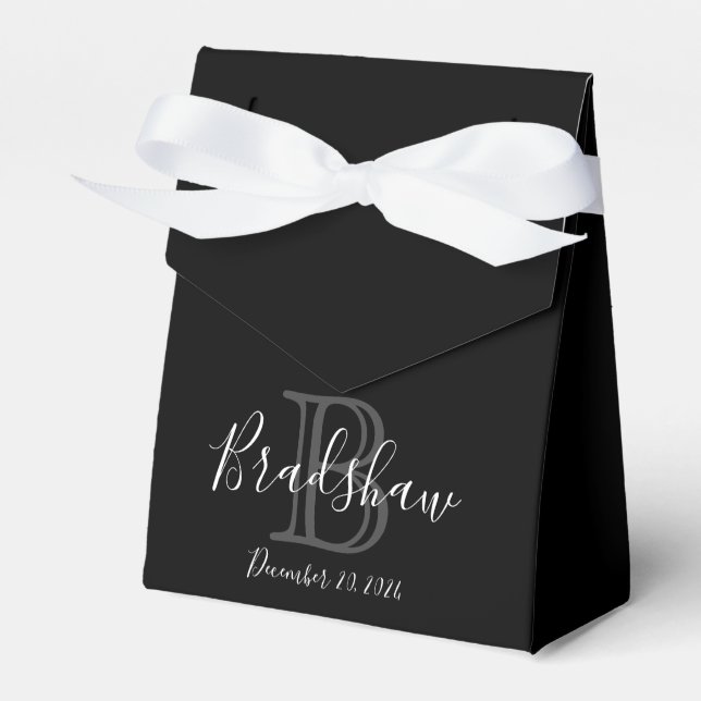Elegant Black Silver Monogram Wedding Custom Name  Favor Boxes (Front Side)