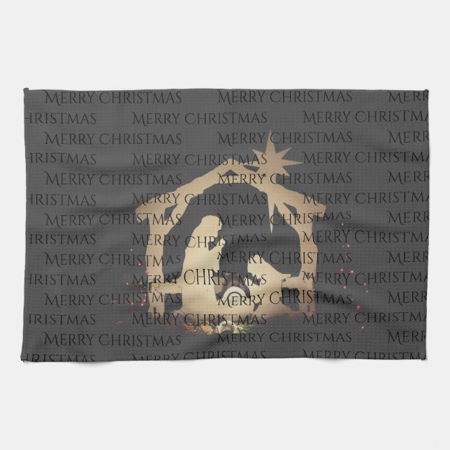Elegant Black Silver Nativity Merry Christmas  Kitchen Towel (Horizontal)