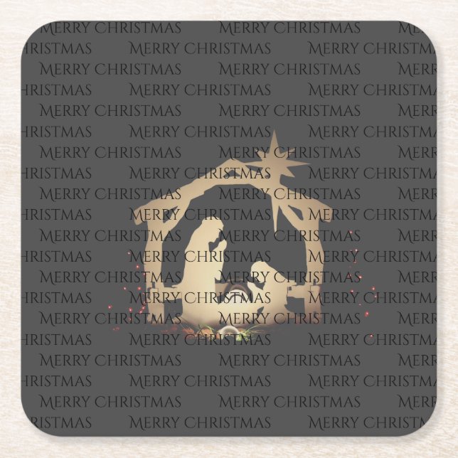Elegant Black Silver Nativity Merry Christmas  Square Paper Coaster (Front)