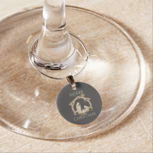 Elegant Black Silver Nativity Merry Christmas  Wine Charm