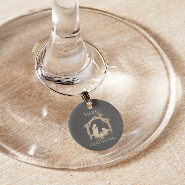Elegant Black Silver Nativity Merry Christmas  Wine Charm (In Situ)