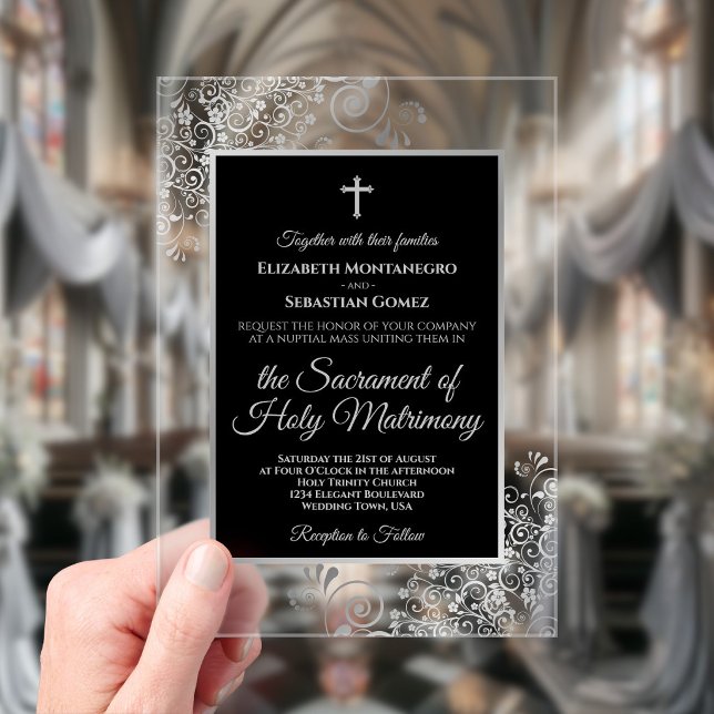 Elegant Black & Silver Ornate Catholic Wedding Acrylic Invitations (Clear Acrylic with Rectangle Cut)
