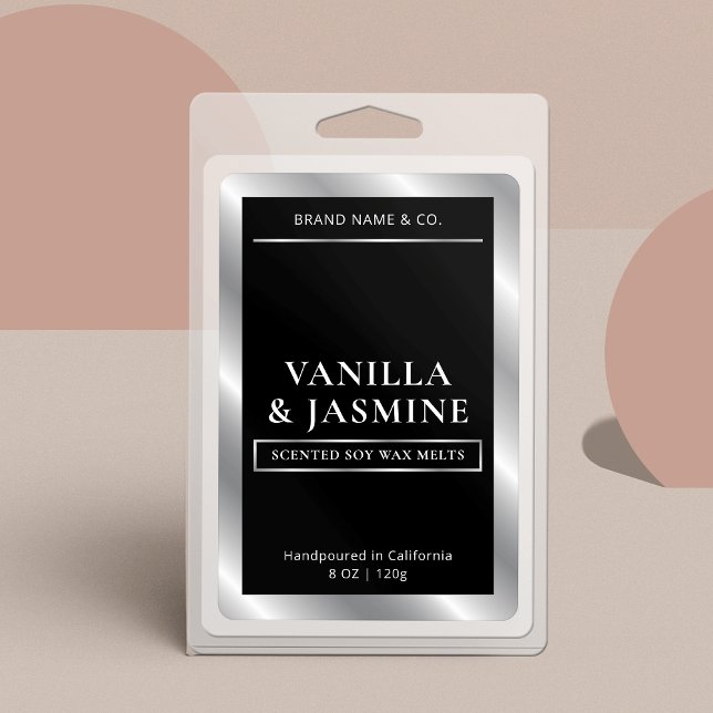 Elegant Black & Silver Packaging Wax Melts Label (Modern vertical product label in black and silver perfect for wax melts, candles and more)
