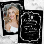 Elegant Black Silver Photo 50th Birthday Invitation<br><div class="desc">Elegant 50th birthday invitation with your photo at the back of the card. Glam black design with faux glitter silver. Features script font and confetti. Perfect for a stylish adult bday celebration party. Personalise with your own details. Can be customised for any age! Printed Zazzle invitations or instant download digital...</div>