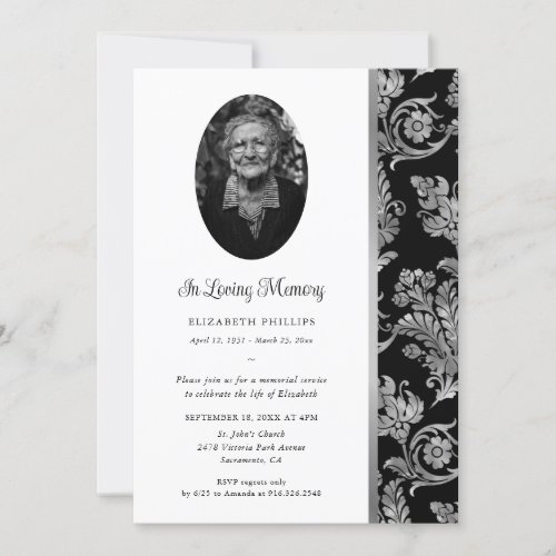 Elegant Black Silver Photo Memorial Service Invitation