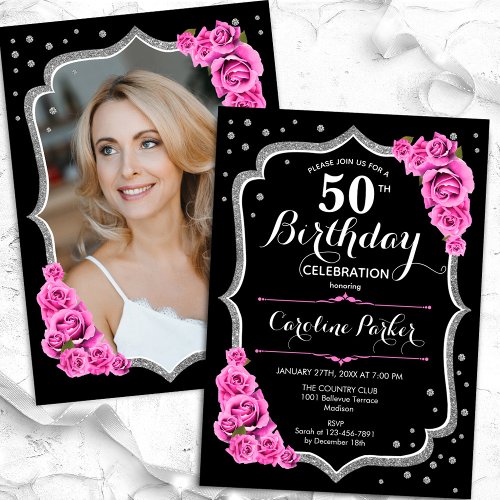 Elegant Black Silver Pink Photo 50th Birthday Invitation