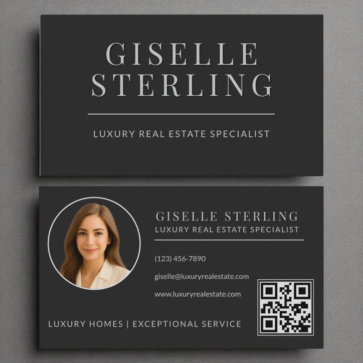 Elegant Black Silver Real Estate Agent QR Code Business Card
