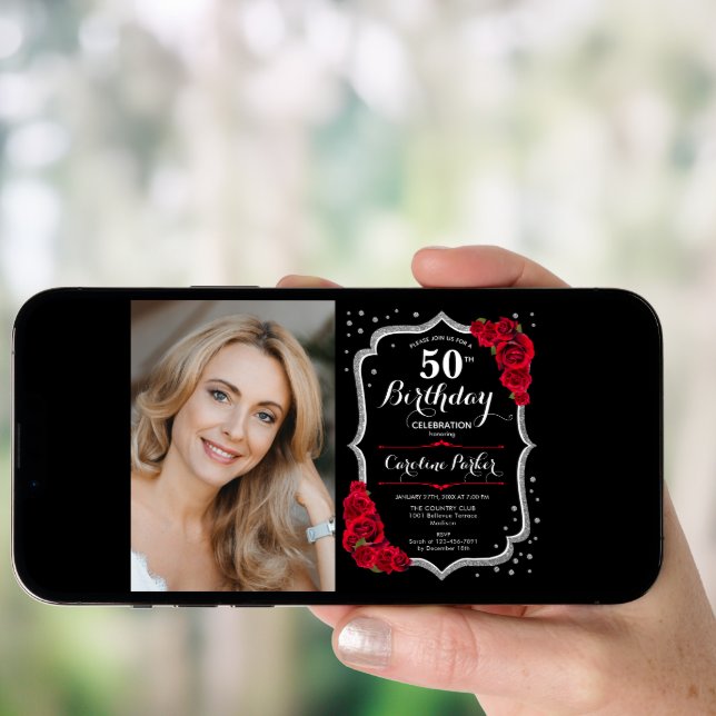 Elegant Black Silver Red Photo 50th Birthday Invitation (Front Digital)