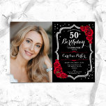 Elegant Black Silver Red Photo 50th Birthday Invitation<br><div class="desc">Elegant floral 50th birthday invitation with your photo. Glam black red design with faux glitter silver. Features red roses, script font and confetti. Perfect for a stylish adult bday celebration party. Personalise with your own details. Can be customised for any age! Printed Zazzle invitations or instant download digital printable template....</div>
