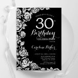 Elegant Black Silver Roses 30th Birthday Party Invitation<br><div class="desc">Black silver floral 30th birthday party invitation. Elegant design featuring roses,  faux silver foil and typography script font. Trendy invite card perfect for a stylish female bday celebration. Can be customized to any age. Printed Zazzle invitations or instant download digital printable template.</div>