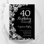 Elegant Black Silver Roses 40th Birthday Party Invitation<br><div class="desc">Black silver floral 40th birthday party invitation. Elegant design featuring roses,  faux silver foil and typography script font. Trendy invite card perfect for a stylish female bday celebration. Can be customized to any age. Printed Zazzle invitations or instant download digital printable template.</div>