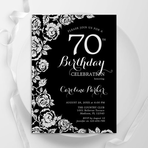 Elegant Black Silver Roses 70th Birthday Party Invitation