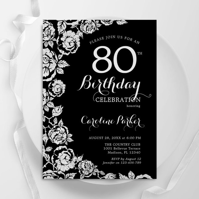 Elegant Black Silver Roses 80th Birthday Party Invitation (Creator Uploaded)