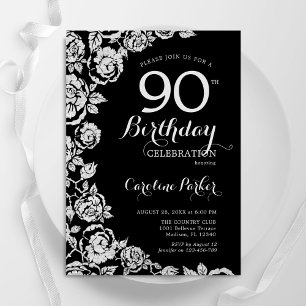 Elegant Black Silver Roses 90th Birthday Party Invitation