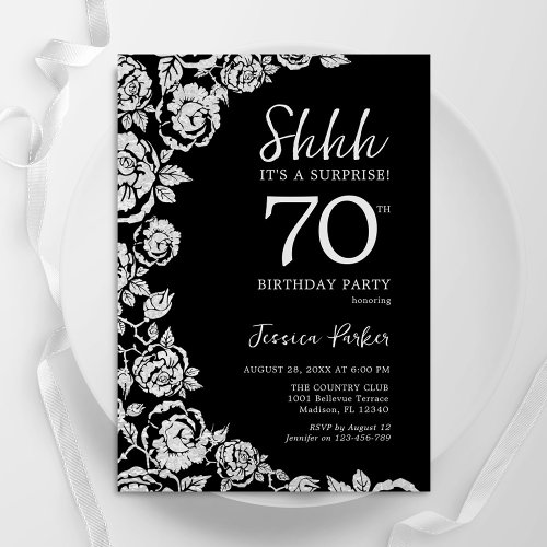 Elegant Black Silver Roses Surprise 70th Birthday Invitation