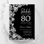 Elegant Black Silver Roses Surprise 80th Birthday Invitation<br><div class="desc">Black silver floral surprise 80th birthday party invitation. Elegant design featuring roses,  faux silver foil and typography script font. Trendy invite card perfect for a stylish female bday celebration. Can be customized to any age. Printed Zazzle invitations or instant download digital printable template.</div>