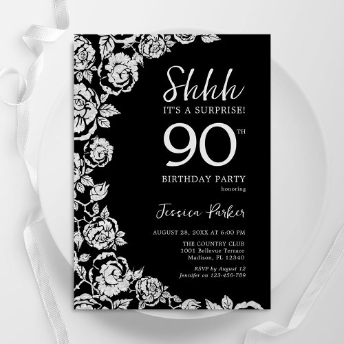 Elegant Black Silver Roses Surprise 90th Birthday Invitation