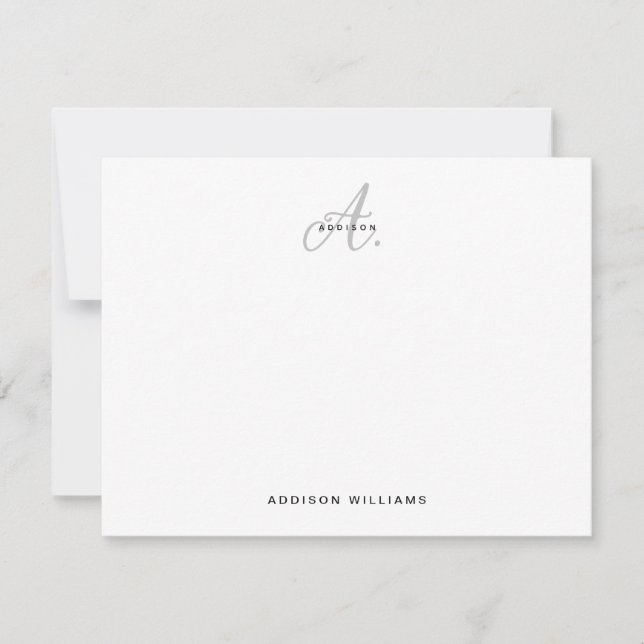 Elegant Black Silver Script Gray Monogram Note Card (Front)