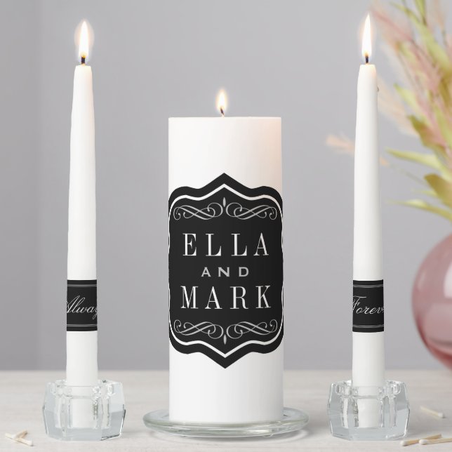Elegant Black Silver Scrollwork Monogram Unity Candle Set (In Situ)