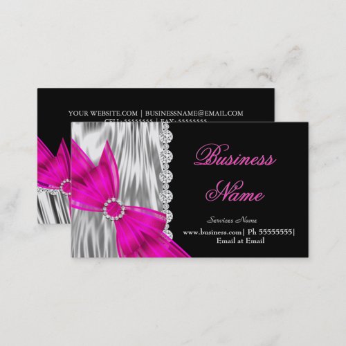 Elegant Black Silver Silk Hot Pink Bow Business Card