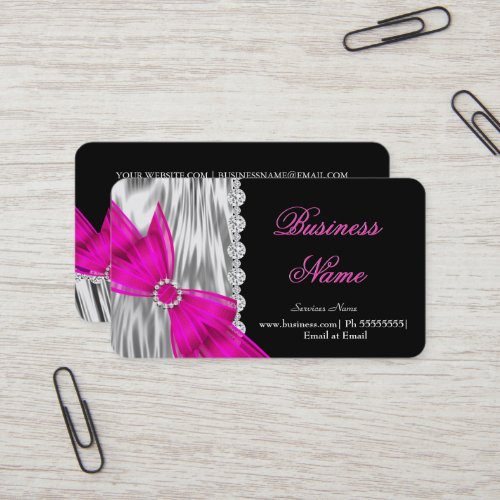 Elegant Black Silver Silk Hot Pink Bow Business Card