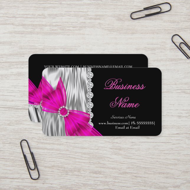Elegant Black Silver Silk Hot Pink Bow Business Card (Front/Back In Situ)