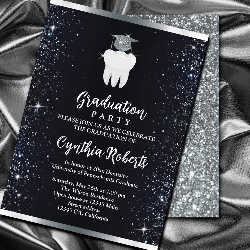 Elegant Black Silver Sparkle Dental Graduation  Invitation