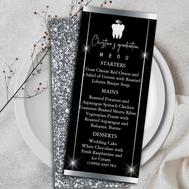 Elegant Black Silver Sparkle Dental Graduation  Menu ("Elegant Black Silver Sparkle Dental Graduation Menu" dinner party)