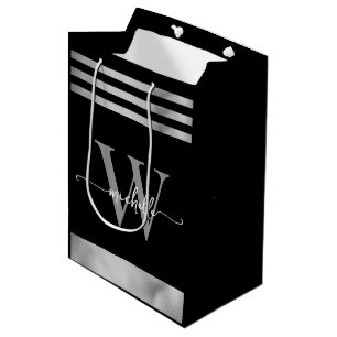 Elegant Black Silver Striped Monogram Script Medium Gift Bag