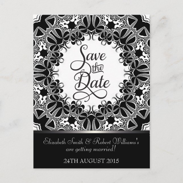 Elegant Black Silver Tribal Lace Save the Date Announcement Postcard (Front)