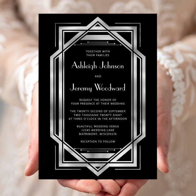 Elegant Black Silver Vintage 1920s Deco Wedding Invitation (Creator Uploaded)