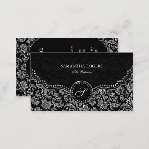 Elegant Black  Silver  Vintage Floral Damasks Business Card