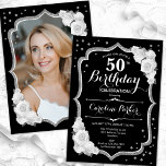 Elegant Black Silver White Photo 50th Birthday Invitation<br><div class="desc">Elegant floral 50th birthday invitation with your photo at the back of the card. Glam black and white design with faux glitter silver. Features white roses, script font and confetti. Perfect for a stylish adult bday celebration party. Personalise with your own details. Can be customised for any age! Printed Zazzle...</div>