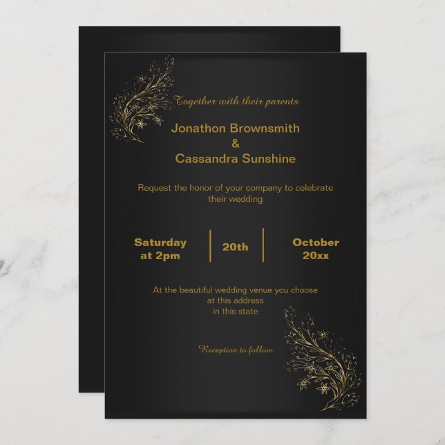 ELEGANT BLACK SIMPLE  GOLD LEAF BLACK REVERSE INVITATION (Front/Back)