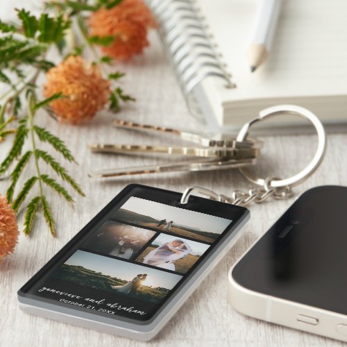 Elegant Black Simple Modern Wedding Photo Collage Keychain