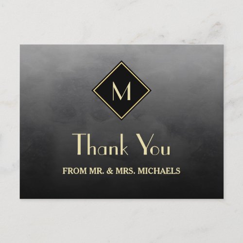 Elegant Black Simple With Gold Monogram Thank You Postcard