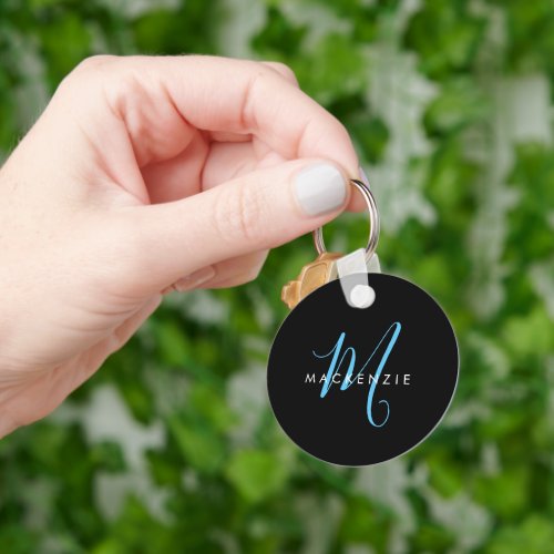 Elegant Black Sky Blue Modern Minimalist Monogram Keychain