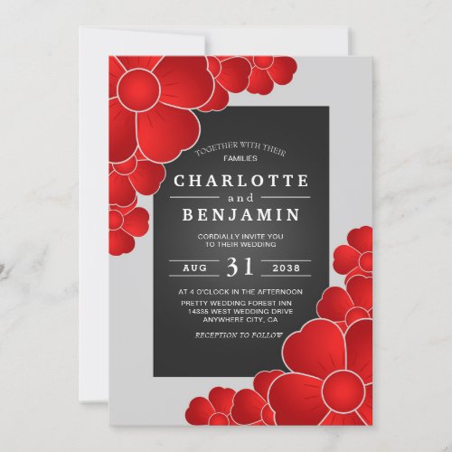 Elegant Black Sliver and Red Floral Wedding Invitation