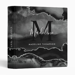 Elegant Black Sliver Gray Marble Agate Monogram 3 Ring Binder