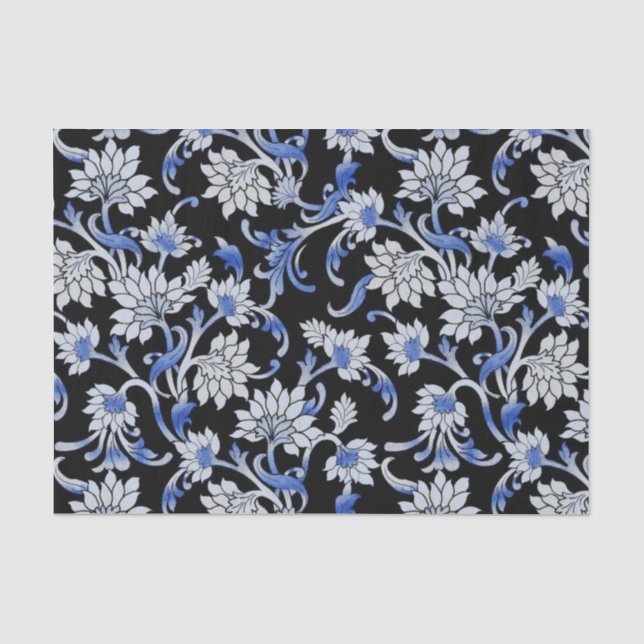 Elegant Black, Smoky Blue & White Floral Vine Tissue Paper (Front)