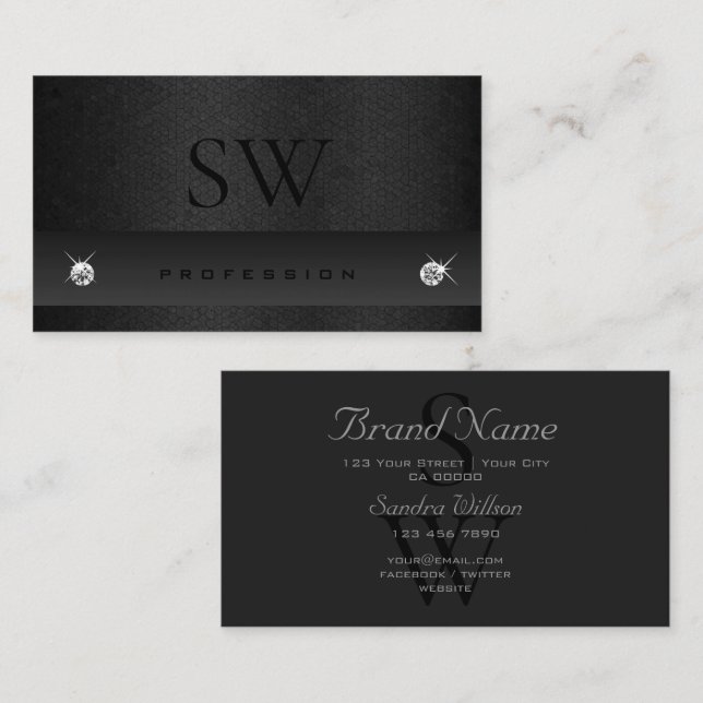 Elegant Black Snake Pattern Dark Colors Monogram Business Card (Front/Back)