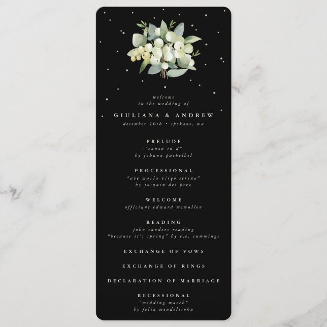 Elegant Black Snowberry+Eucalyptus Bouquet Wedding Program (Front)